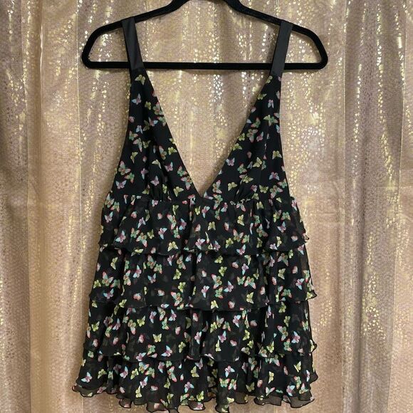 Vintage Victoria’s Secret Black Butterfly Tie Back Ruffle Tiered Top, S - Picture 1 of 8